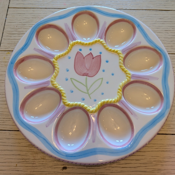 VINTAGE Floral Egg Plate with Pink Tulip Design - Picture 1 of 6